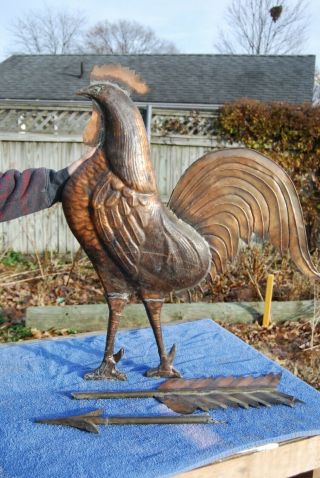 Antique Vintage Large Copper Rooster Weather Vane Directional Barn Finial
