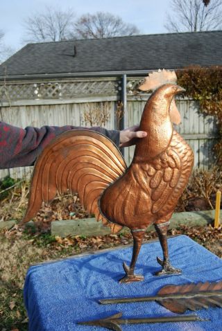 Antique Vintage Large Copper Rooster Weather Vane Directional Barn Finial 2