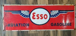 Esso Aviation Gasoline Vintage Porcelain Sign 18 X 6 1/2 Inches