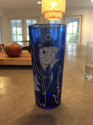 Vintage Blue Glass Cocktail Shaker W/o Lid
