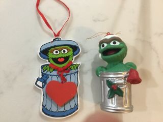 2 Sesame Street Christmas Tree Ornaments Figure Oscar The Grouch Trash Can