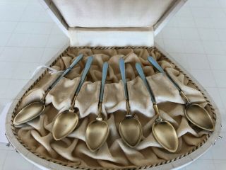 Lovely Cased Set Of 6 Enamel And Silver Gilt Coffee Spoons Stamped 830s