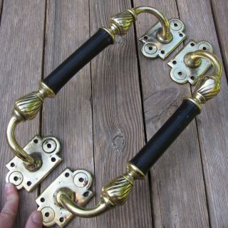 Antique Restored Large Wood / Ebony And Brass Door Pull Handles 14.  5 "