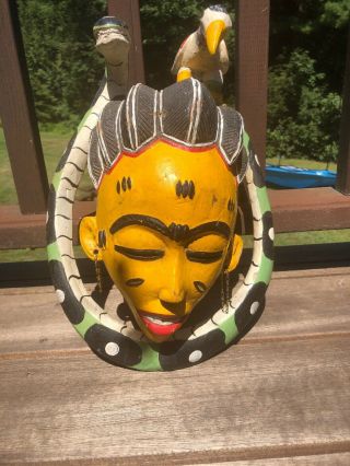 African Wood Carved Painted Mask Woman Snake Bird Vintage