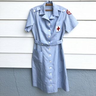 Vintage Red Cross Volunteer Blue Stripe Uniform Dress Hat Belt Pins Patches Vtg