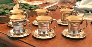 C.  1910 Set 6 Sterling Silver Demitasse Cups & Saucers Irish Belleek China & Box