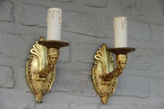 Pair Vintage French Bronze Gold Gilt Empire Wall Lights Sconces With Heads