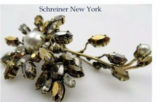 Signed Schreiner York Topaz Rhinestone Pin Brooch Wire Mount Trembler Flower
