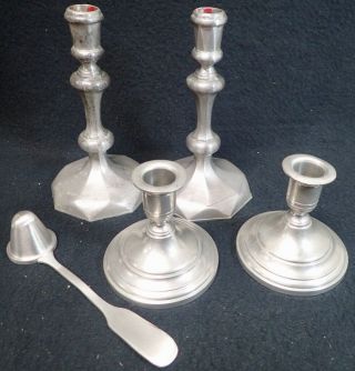 (5) Vintage Pewter Candle Holders Candlesticks & Snifter Williamsburg Wallace