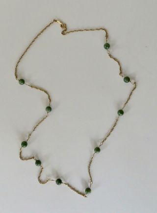 Vintage 14k Gold Necklace Chain With Green Jade Beads