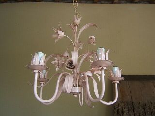 Mid - Century Italian Tole Metal Pink Floral Roses Daisies Lily 5 Light Chandelier