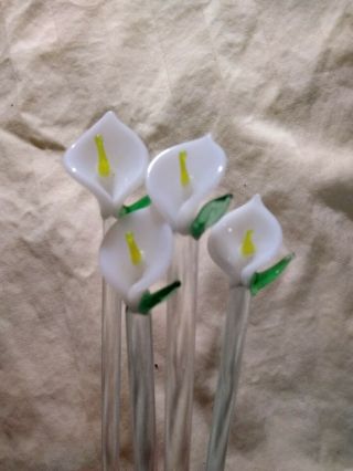 Vintage Hand Blown Glass Swizzle Sticks Set Of 4 White Calla Lillies