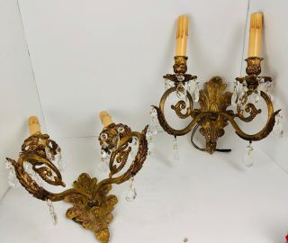 Vintage Antique Pair French Gold Bronze Brass 2 Arm Sconces W Prisms Wall Lamps