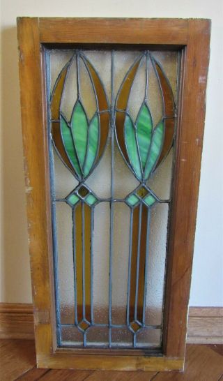Antique Arts & Crafts Style Leaded Stained Glass Window 16 X 34,  3/8 " Framed
