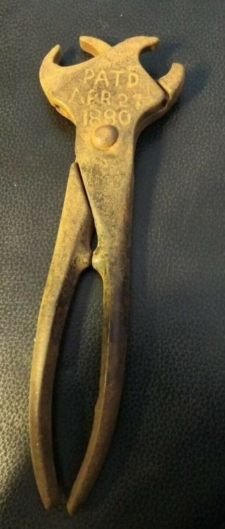 Antique Double Hog Ring Pliers Marked " Pat D Apr 21 1880 " Unusual Vintage Tool