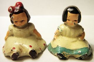 Vintage Hubley Cast Iron Miniature Paperweight/dollhouse Girls V.  G.  C.