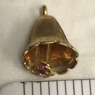 14k Gold Vintage Charm,  Bell With Pink Stone / Moveable