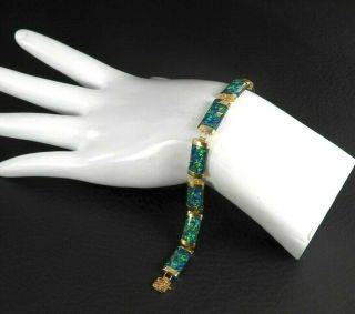 Vintage Solid 10k Yellow Gold Link Bracelet Opal Mosaic Chinese Shou Symbol 7.  5