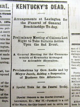 3 1875 Newspapers Kentucky & Confederate Sec Of War John C Breckinridge Dead
