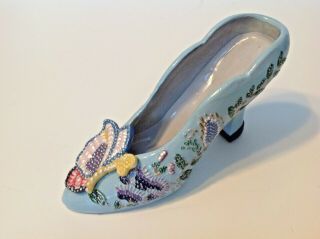 Ladies Shoe Figurine Porcelain Blue High Heel Butterfly