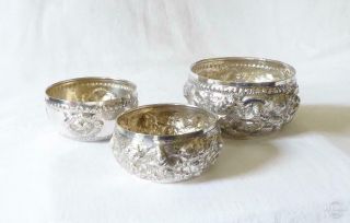 Three Antique Late 19th Early 20th Century Burmese Solid Silver Bowls 304g