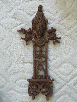 The Best Old French Cast Metal Cross Fragment Madonna Roses Chippy Rusty Patina