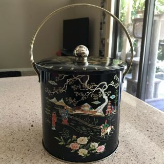 Baret Ware England Biscuit Barrel Tea Tin With Handle Asian Oriental Chinoiserie
