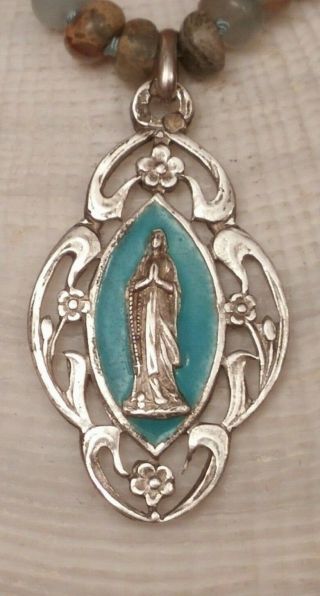 Antique French Sterling Silver Virgin Mary Lourdes Enamel Pendant Opal Necklace
