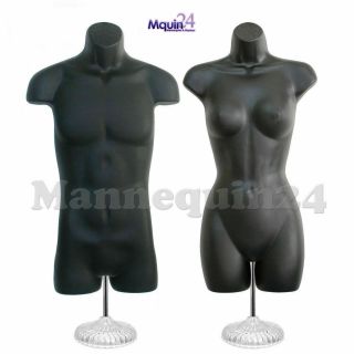 Black Male & Female Mannequin Dress Form Torsos W/2 Table Top Stands,  2 Hangers