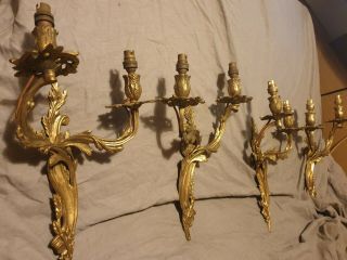 4 Antique Early 20th Century Regency Rococo Brass 2 Arm Wall Light Sconces
