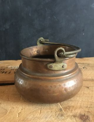 Vintage Small Handmade Hammered Copper Kettle Pot Planter With Handle 5” By 3”