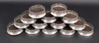 14 Antique English Silverplate & Wood Wine Glass Coasters W/ Grapevine Gallery