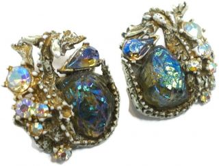 Famous Vintage Signed Har Dragon 1950s Blue Green Clip Earrings