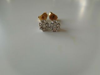 Fine Vintage 9ct 9k 9kt 375 Yellow And White Gold & Diamond Stud Earrings