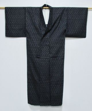 Japanese Silk Antique Kasuri Kimono / Dark Indigo Blue / Silk Fabric /352