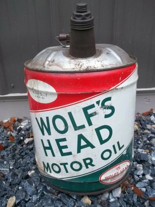 Vintage Wolfs Head Motor Oil Can Metal 5 Gallon Mobil Sinclair