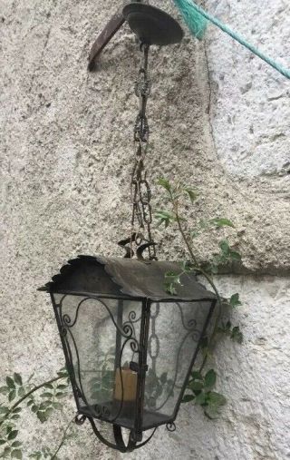 Vintage French Soldered Metal Ceiling Light Fixture Lamp Lantern Black Pendent
