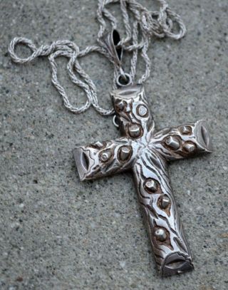 Vtg Sterling Silver 925 Mens Cross Crucifix Pendant Wood Bark Tree Necklace