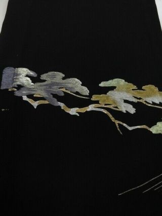 2d03z60 Japanese Kimono Silk Fabric Black Pine 42.  5 " Embroidery