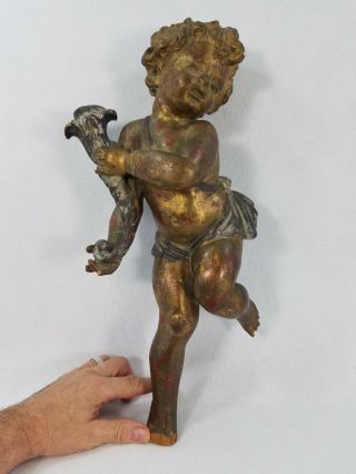 Antique 19th Putti Angel Cherub Hand Carved Wood With Gilt Gold Sculpture