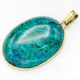 Vintage 14k Yellow Gold Chrysocolla Large Oval Cabochon Pendant 5.  4g 28.  9x18.  7mm