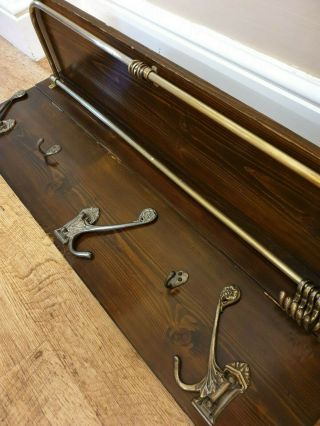 Antique Large Wood And Brass Folding Coat Hook And Shelf