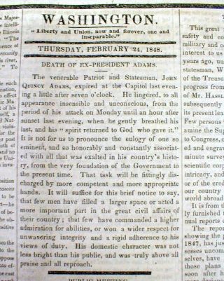 2 1848 Washington Dc Newspapers With Death Of Ex - President John Quincy Adams