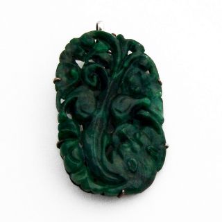 Chinese Openwork Carved Jade Pendant Brooch Sterling Silver