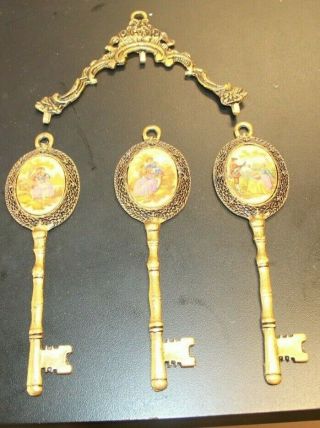 Set Of 3 Vintage Solid Brass Decorative Large Hanging Keys With Holder Victorian