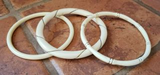 3 Vintage Chinese Hand Carved Cow / Bovine Bone Bangle Bracelets - 8 " Around