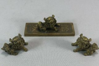 One Chinese Gilt Bronze Foo Dog Signed Stamp & Two Gilt Bronze Foo Dog Figures