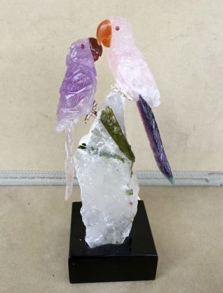 Macaw Pair On Rose Quartz/ Fluorite And Amethyst 5 1/2 " - Peter Muller