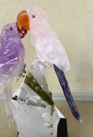 Macaw Pair on Rose Quartz/ Fluorite and Amethyst 5 1/2 