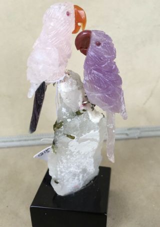 Macaw Pair on Rose Quartz/ Fluorite and Amethyst 5 1/2 